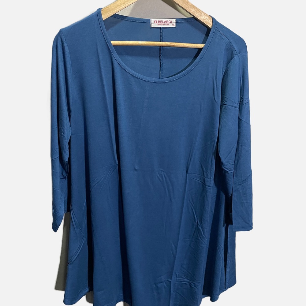 Belaroi Womens 1X Teal Blue Scoop Neck 3/4 Sleeve Swing Tunic Top Plus Size
